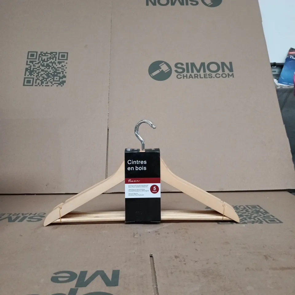 WOODEN CLOTHES HANGERS – NATURAL FINISH, BOX OF APPROXIMATELY 15