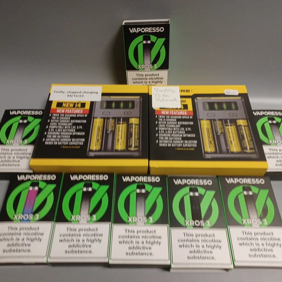 APPROXIMATELY 10 ASSORTED E-CIGARETTE PRODUCTS TO INCLUDE VAPORESSO & BATTERY CHARGERS 