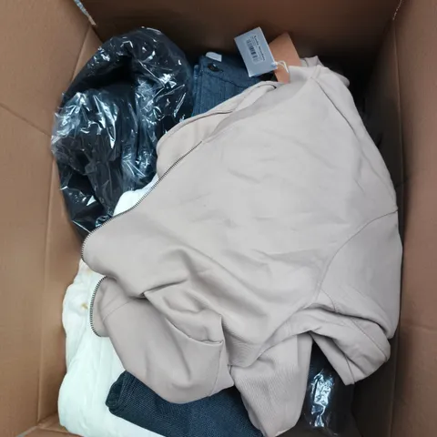 LARGE BOX OF APPROXIMATELY 25 ASSORTED CLOTHING ITEMS IN VARIOUS COLOURS, STYLES AND SIZES - COLLECTION ONLY