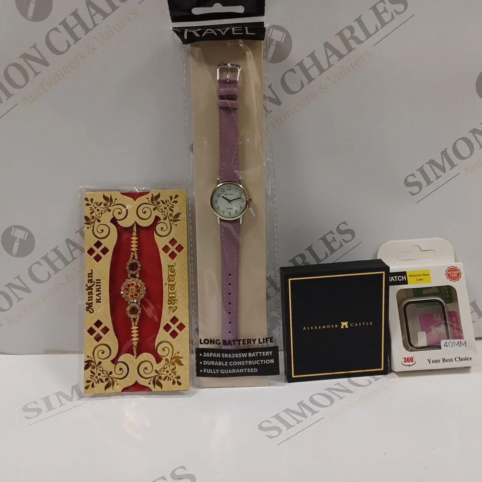 BOX OF APPROX 20 ASSORTED ITEMS TO INCLUDE MUSKAN RAKHI BRACELET, RAVEL WATCH, A PROTECTIVE WATCH CASE, ETC. 