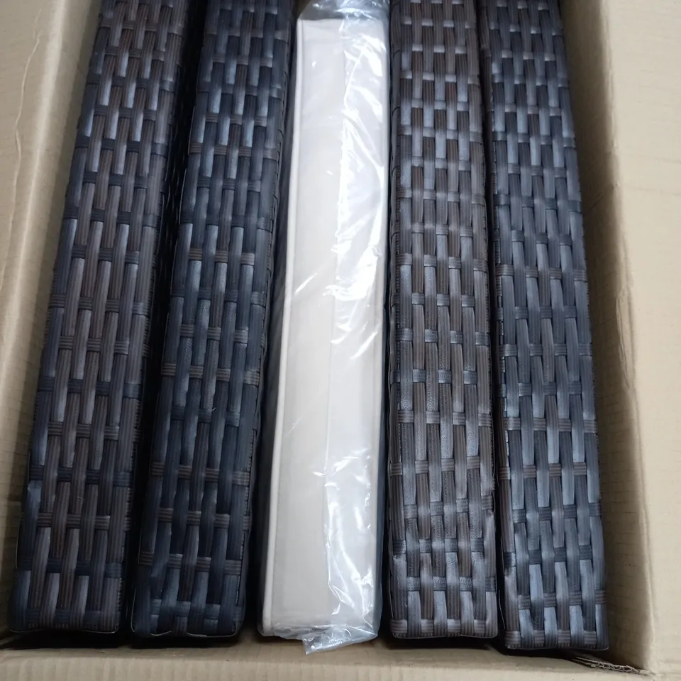 BOX OF 3 RATTAN GARDEN FURNITURE - BROWN WITH CREAM CUSHIONS - COLLECTION ONLY.