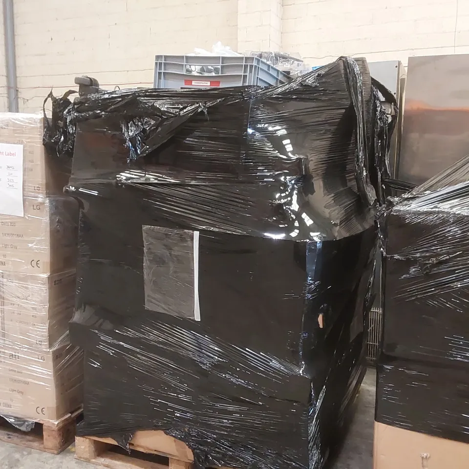 PALLET CONTAINING A LARGE ASSORTMENT OF OFFICE SUPPLIES INCLUDING: HEADSETS, ASSORTED WIRES/POWER CABLES, CANON/HP INK CARTRIDGES ECT