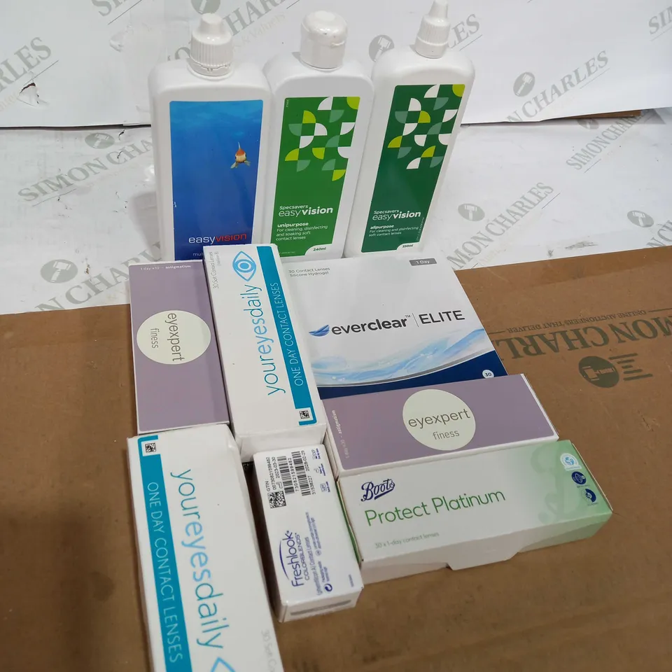 BOX OF ASSORTED MEDICAL APPLIANCES TOO INCLUDE NICORETTE PATCHES , EYE LENSES AND EYE DROPS 