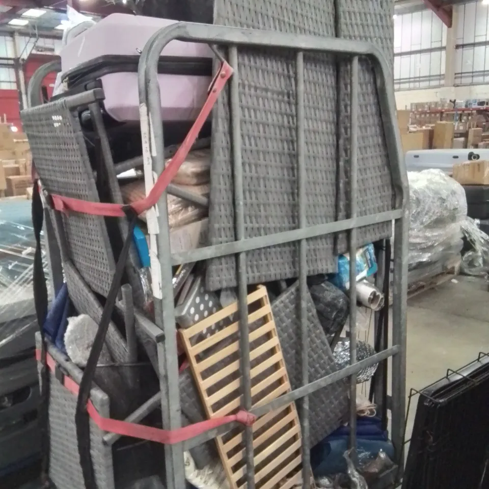 CAGE OF ASSORTED HOUSEHOLD GOODS AND PRODUCTS TO INCLUDE;SUITCASE,PET COOLING PILLOW,FLY CATCHES 