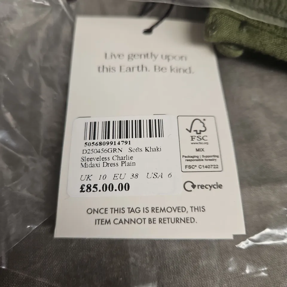 NOBODY'S CHILD KHAKI SLEEVELESS CHARLIE MIDAXI DRESS – UK 10 (EU 38, USA 6)