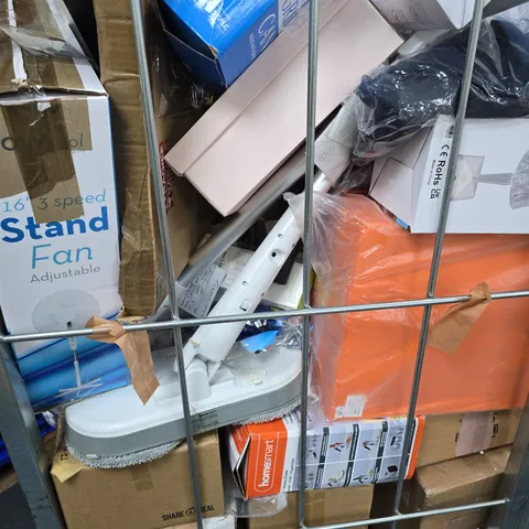 CAGE OF APPROXIMATELY 20 ASSORTED BROKEN ITEMS TO INCLUDE - STANDING FAN , STEAM MOP , TWIN GRIP CANE ETC