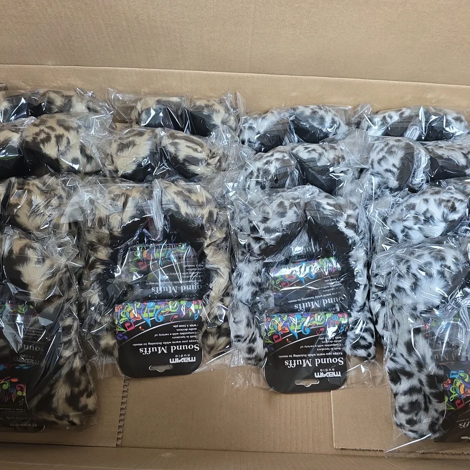 BOX OF APPROXIMATELY 15 MAXIM AUDIO SOUND MUFFS EAR WARMERS – FUR PRINT (LEOPARD & GREY)