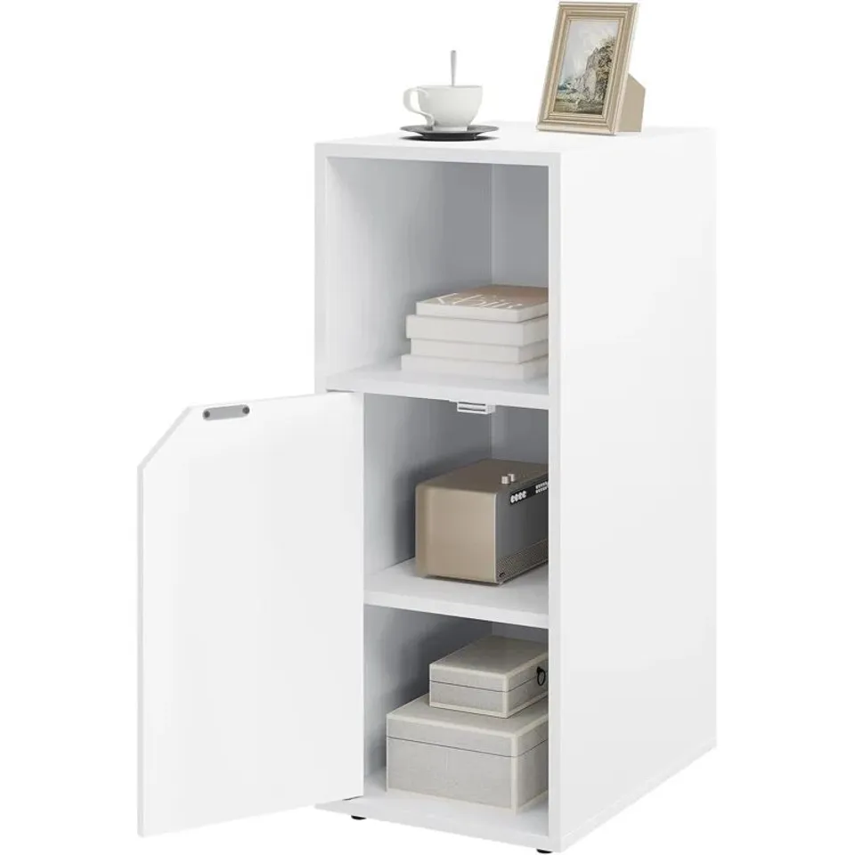 BOXED NARROW BEDSIDE TABLE, SIDE TABLE WITH OPEN COMPARTMENT AND DOOR - WHITE (1 BOX)