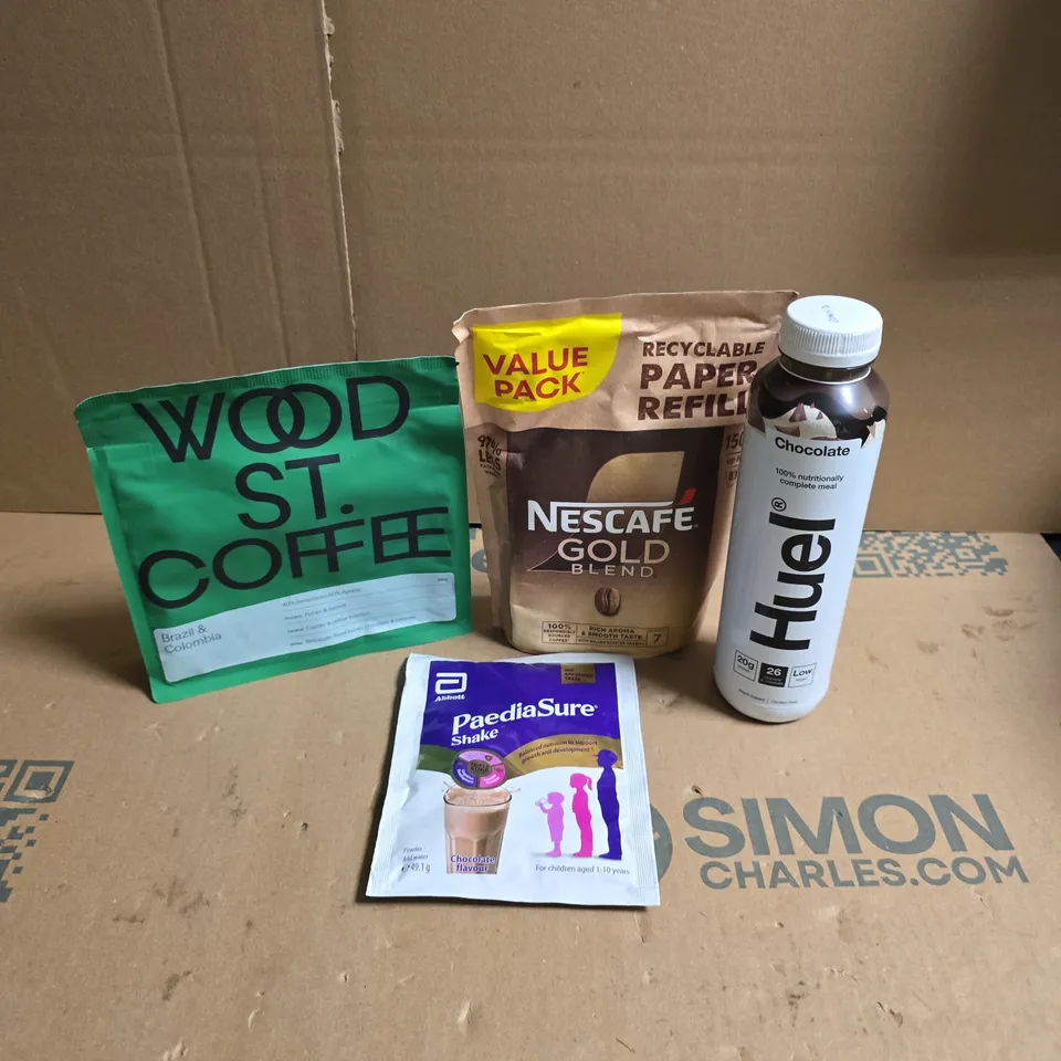 TOTE OF APPROXIMATELY 8 DRINKS ITEMS TO INCLUDE PAEDIASURE SHAKE, NESCAFE GOLD BLEND REFILL AND HUEL MEAL REPLACEMENT DRINK
