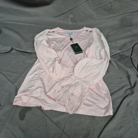 HOLLAND COOPER PINK EMBROIDERED BLOUSE WITH LACE CUFF – WOMEN'S
