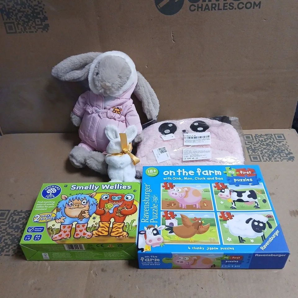 BOX OF APPROXIMATELY 25 ASSORTED TOYS/GAMES TO INCLUDE SMELLY WELLIES GAME, ON THE FARM PUZZLE, SOFT TOYS ETC