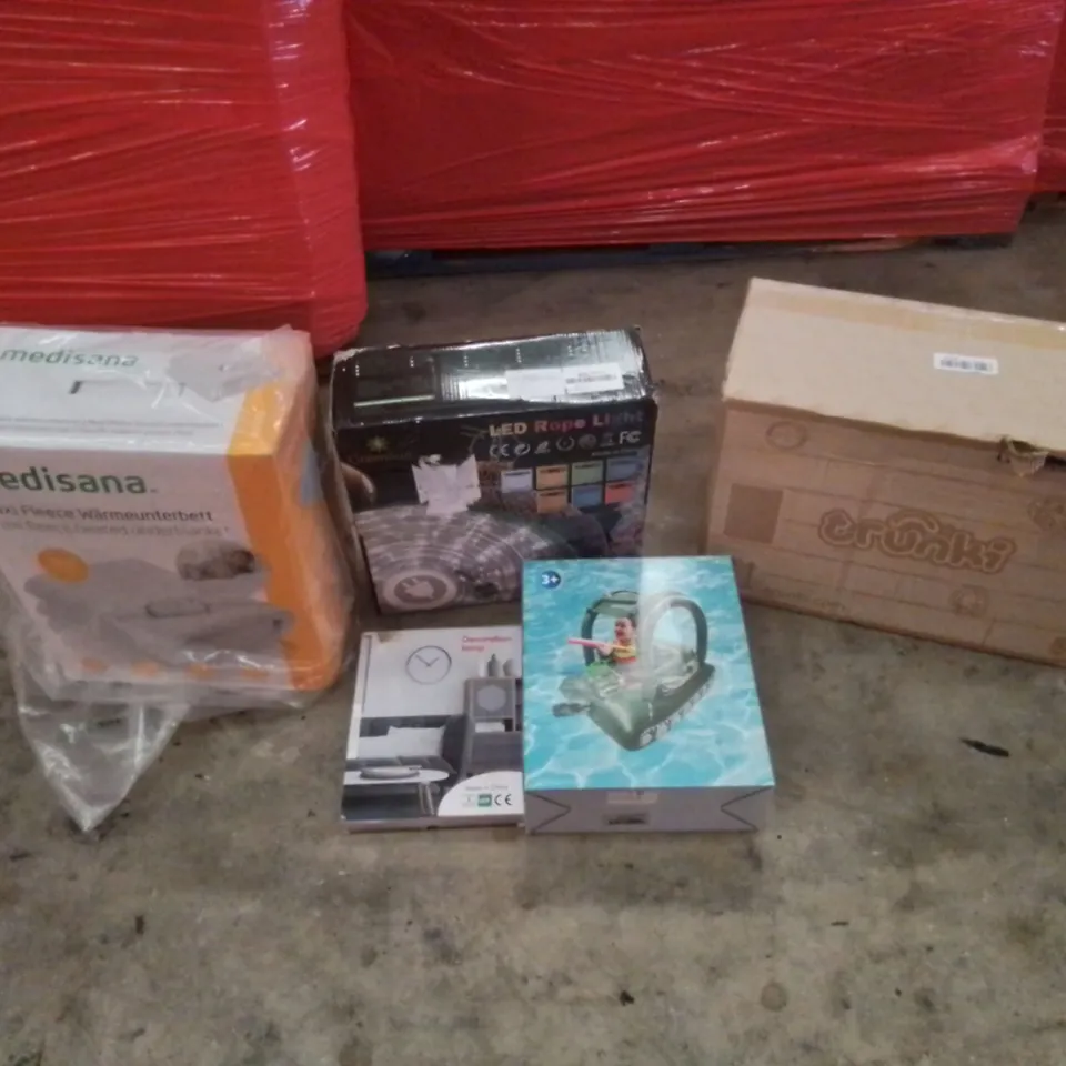 PALLET CONTAINING ASSORTED HOUSEHOLD & HOME IMPROVEMENT PRODUCTS. INCLUDES HEATED UNDERBLANKET, LED ROPE LIGHT, WATER INFLATABLE, DECORATION LAMP ETC 