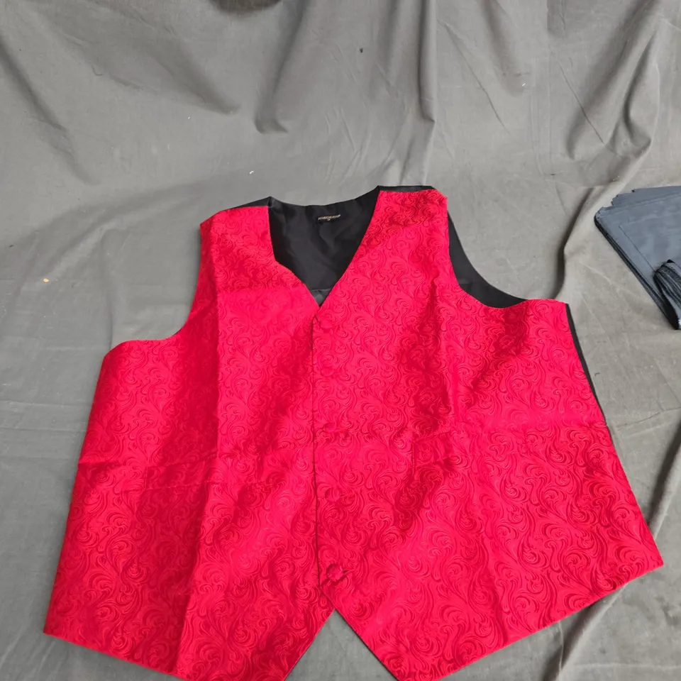 BOX OF APPROXIMATELY 20 ASSORTED CLOTHING ITEMS TO INCLUDE: GREY CHINOS AND RED WAISTCOAT