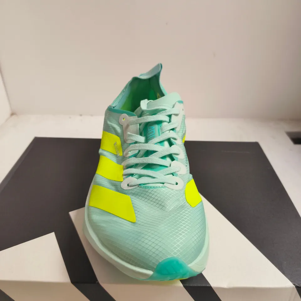BOXED PAIR OF ADIDAS ADIZERO ADIOS PRO 4 W RUNNING SHOES – UK 9.5 (US 11), TURQUOISE/NEON YELLOW