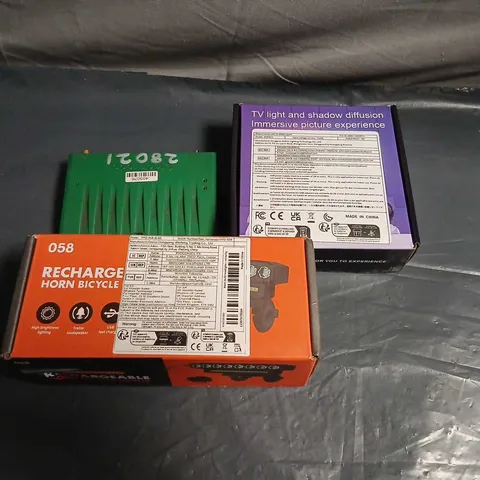 FOUR ASSORTED PRODUCTS TO INCLUDE; WIRELESS DOORBELL, RECHARGEABLE HORN BICYCLE LIGHTS, TV SYNC BACK LIGHT AND GREEN ROAD LIVE
