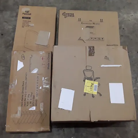 PALLET OF ASSORTED PRODUCTS INCLUDING OFFICE CHAIR, CONVECTOR HEATER, TOILET SEAT, SHOE RACK, DART BOARD