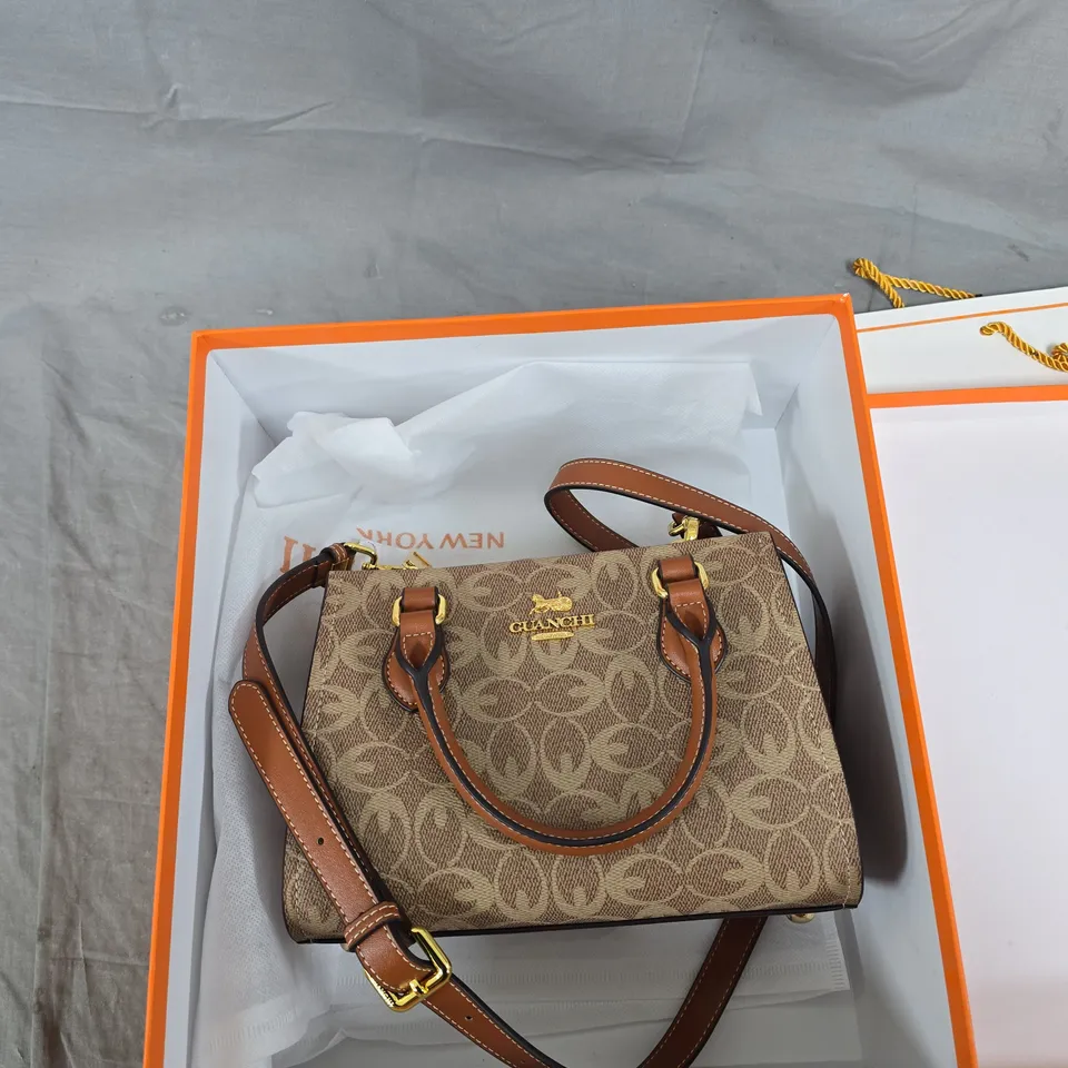 GUANCHI NEW YORK HANDBAG – MONOGRAM CANVAS WITH BROWN LEATHER TRIM