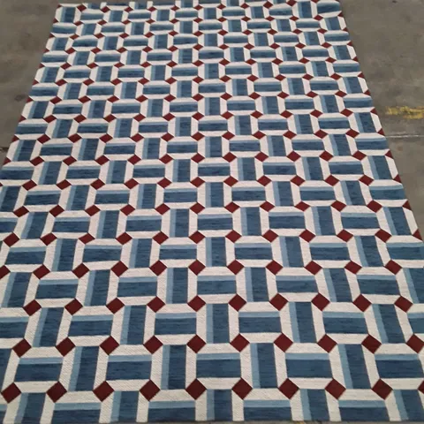 GEOMETRIC BLUE AND WHITE RUG WITH BURGUNDY ACCENTS 225X157CM APPROXIMATELY