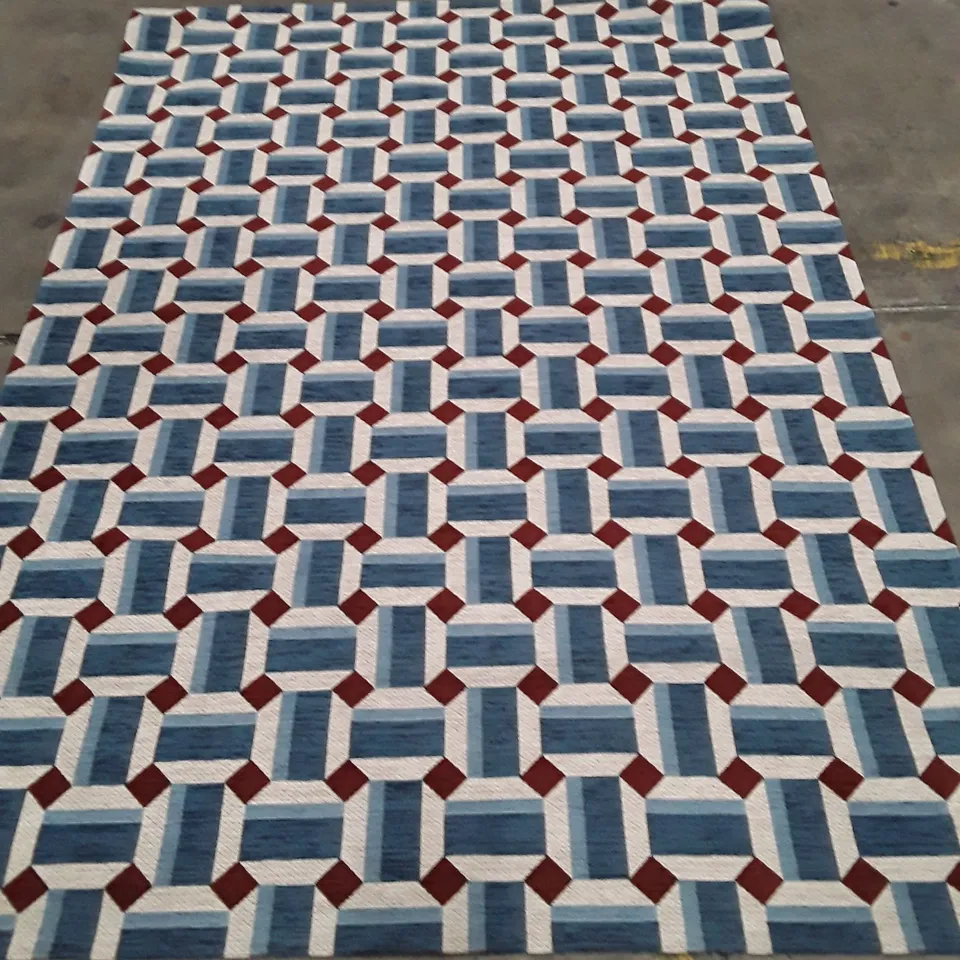 GEOMETRIC BLUE AND WHITE RUG WITH BURGUNDY ACCENTS 225X157CM APPROXIMATELY