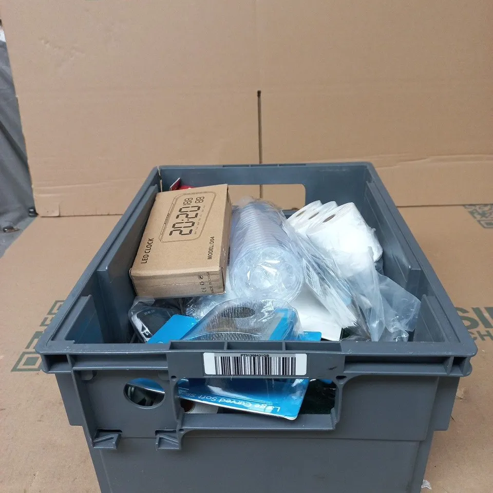 TOTE OF APPROXIMATELY 15 ASSORTED ITEMS TO INCLUDE LED CLOCK, ON/OFF SENSOR, TILL RECEIPT ROLLS, PET GROOMING TOOL ETC