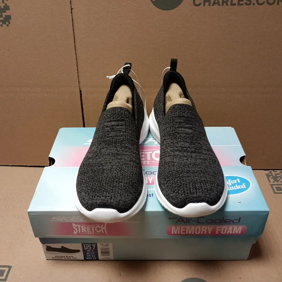 BOXED PAIR OF SKECHERS HEATHER BLACK ULTRA FLEX SHOES - UK 4