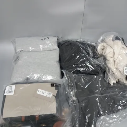 LARGE BOX OF ASSORTED CLOTHING ITEMS IN VARIOUS COLOURS AND SIZES INCLUDING TROUSERS , TOPS AND JUMPERS 