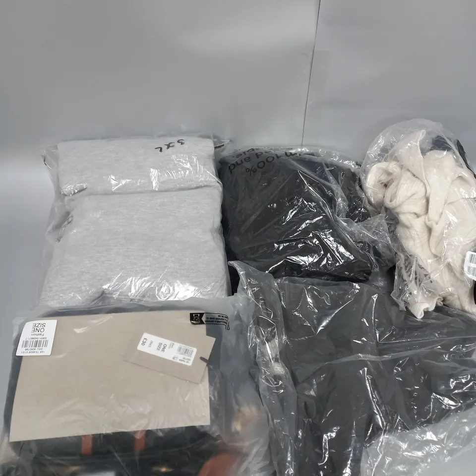 LARGE BOX OF ASSORTED CLOTHING ITEMS IN VARIOUS COLOURS AND SIZES INCLUDING TROUSERS , TOPS AND JUMPERS 