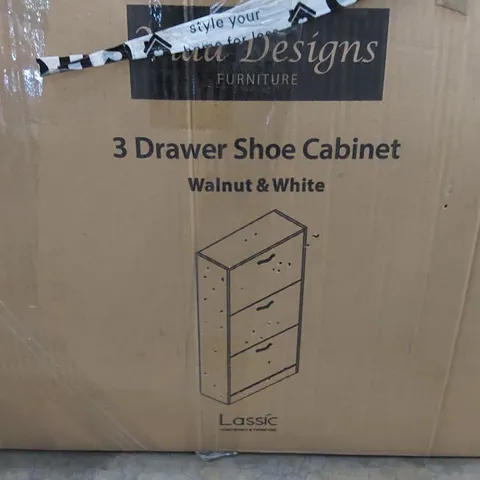 BOXED 3 DRAWER FLIP DOWN SHOE STORAGE FREE STANDING CABINET FOR HALLWAY - WALNUT & WHITE (1 BOX)