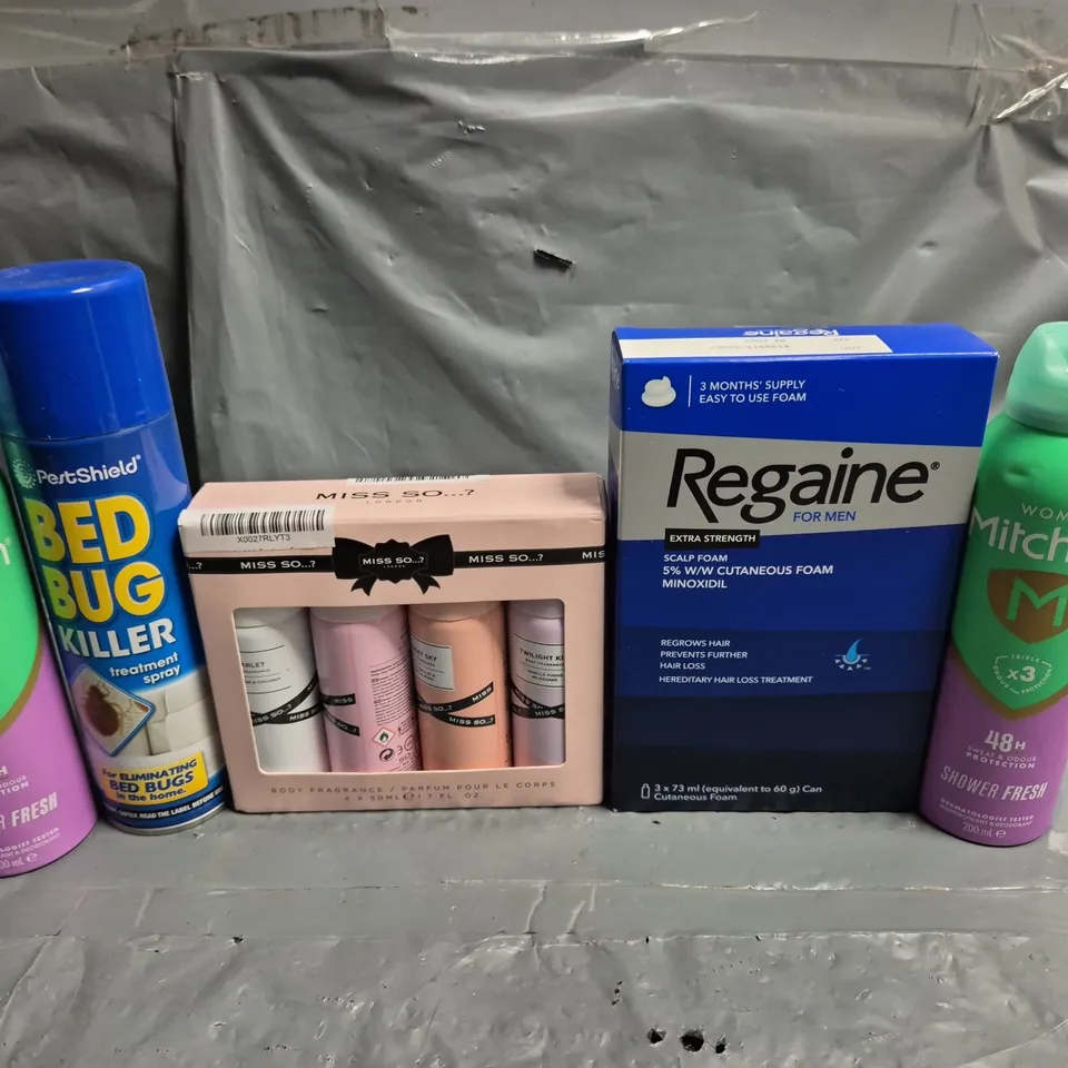 APPROXIMATELY 10 ASSORTED AEROSOLS TO INCLUDE MITCHUM, BED BUG KILLER AND REGAINE