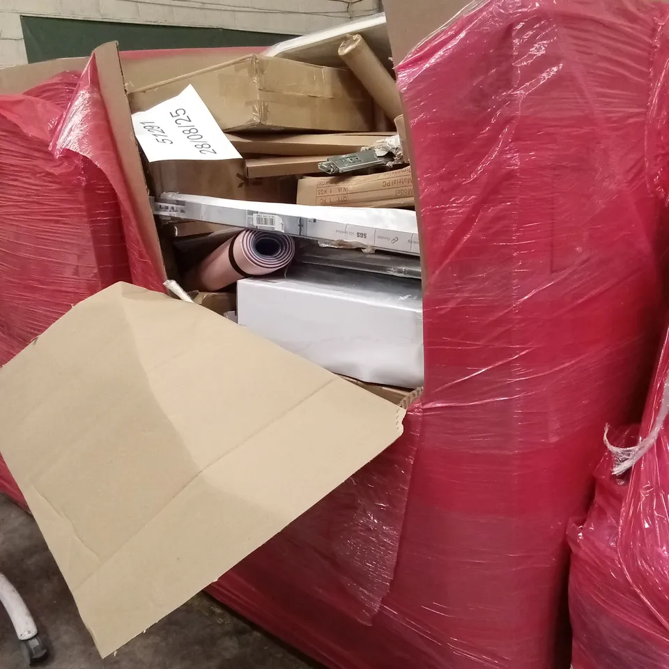 PALLET OF ASSORTED HOUSEHOLD GOODS AND PRODUCTS TO INCLUDE; RETRACTABLE BABY GATES, AIR COOLER, FOOTBALL GOAL ETC
