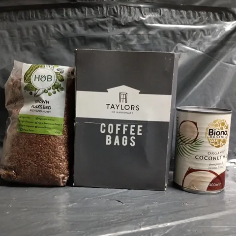 APPROXIMATELY 8 ASSORTED FOOD AND DRINK ITEMS TO INCLUDE COCONUT MILK, COFFEE BAGS, ETC