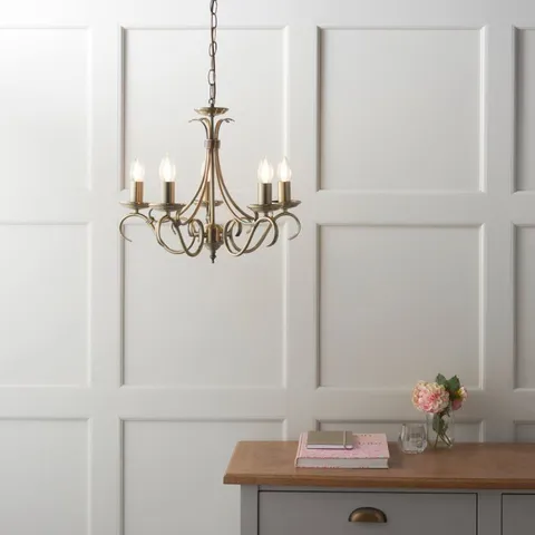 BOXED ENDON BERNICE 5 LIGHT CHANDELIER IN ANTIQUE BRASS