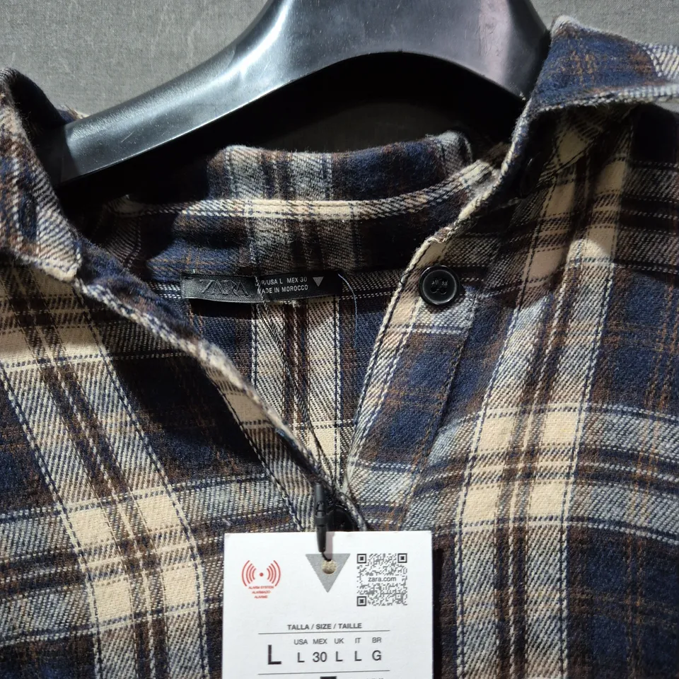 ZARA PLAID FLANNEL SHIRT DRESS – NAVY & BEIGE, UK L