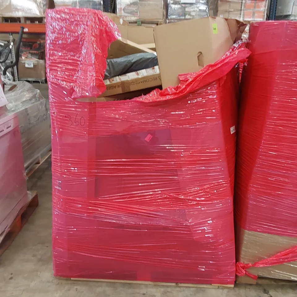 PALLET OF ASSORTED HOUSEHOLD ITEMS AND CONSUMER PRODUCTS TO INCLUDE; POP-UP BATHING TENT, SHOWER MIXER, BABY ACTIVITY CENTRE, BOXED FURNITURE ETC 