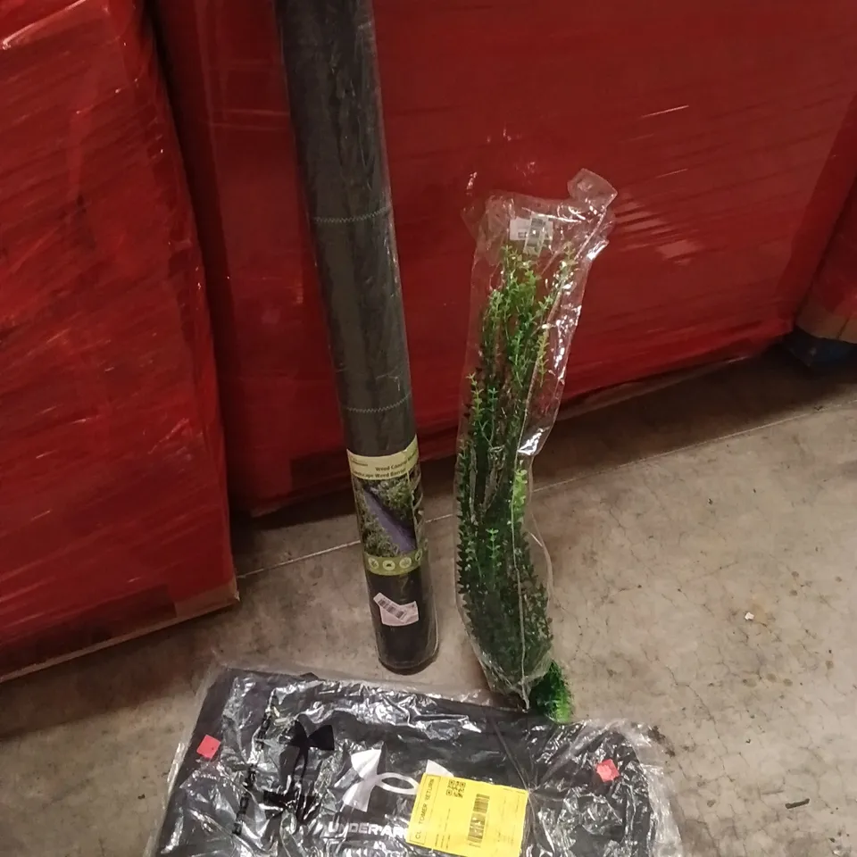 PALLET OF ASSORTED ITEMS INCLUDING - ARTIFICIAL PLANTS, WEED CONTROL BARRIER, UNDER ARMOUR BAG 
