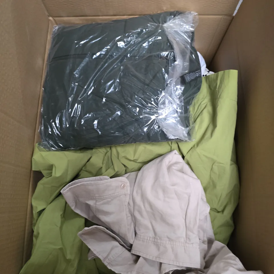 LARGE BOX OF APPROXIMATELY 20 ASSORTED CLOTHING ITEMS IN VARIOUS SIZES, STYLES AND COLOUR 