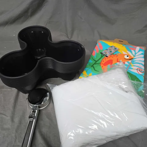 APPROXIMATELY 15 ASSORTED HOUSEHOLD PRODUCTS TO INCLUDE SHOWER HEADS, BEACH TOWEL, PLANTERS ETC ETC