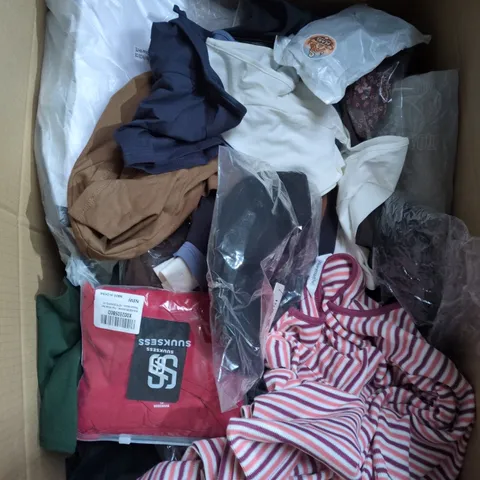 LARGE BOX OF APPROXIMATELY 25 ASSORTED CLOTHING ITEMS IN VARIOUS COLOURS, STYLES AND SIZES - COLLECTION ONLY