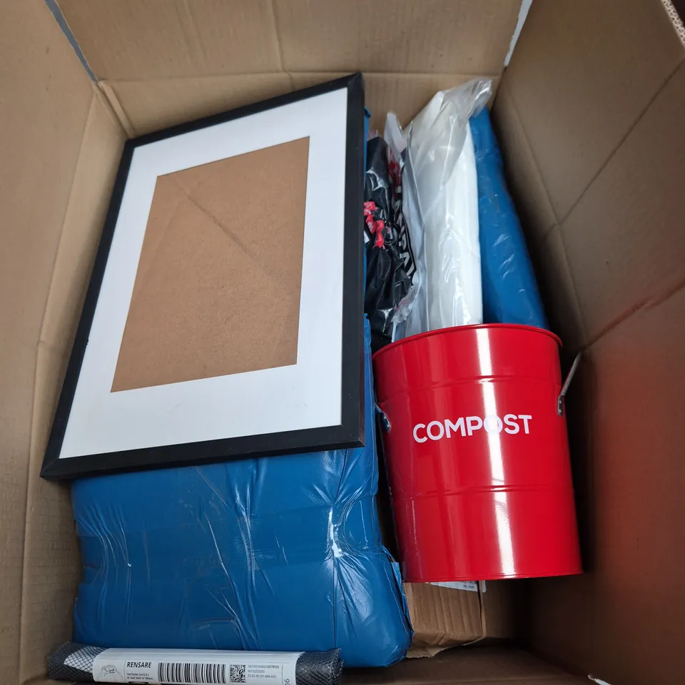 BOX OF ASSORTED HOUSEHOLD ITEMS INCLUDING -  PICTURE FRAME  AND COMPOST BUCKET 