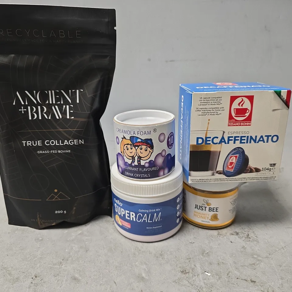 APPROXIMATELY 8 ASSORTED FOOD ITEMS TO INCLUDE - ESPRESSO DECAFFENINATO , JUST BEE HONEY , ANCIENT + BRAVE TRUE COLLAGEN ETC