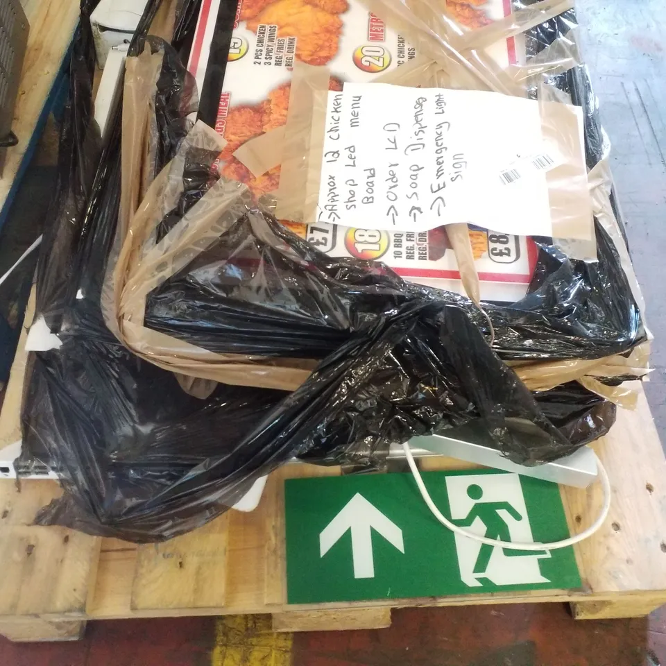 PALLET CONTAINING APPROXIMATELY 12 CHICKEN SHOP LED MENU BOARDS, SOAP DISPENSER & EMERGENCY LIGHT SIGN