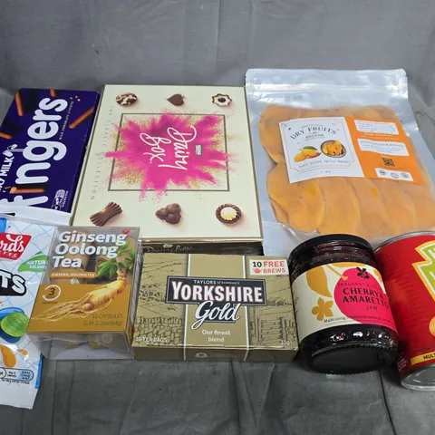 APPROXIMATELY 5 ASSORTED FOOD ITEMS TO INCLUDE - CHOCOLATE, DRY FRUITS AND YORKSHIRE TEA