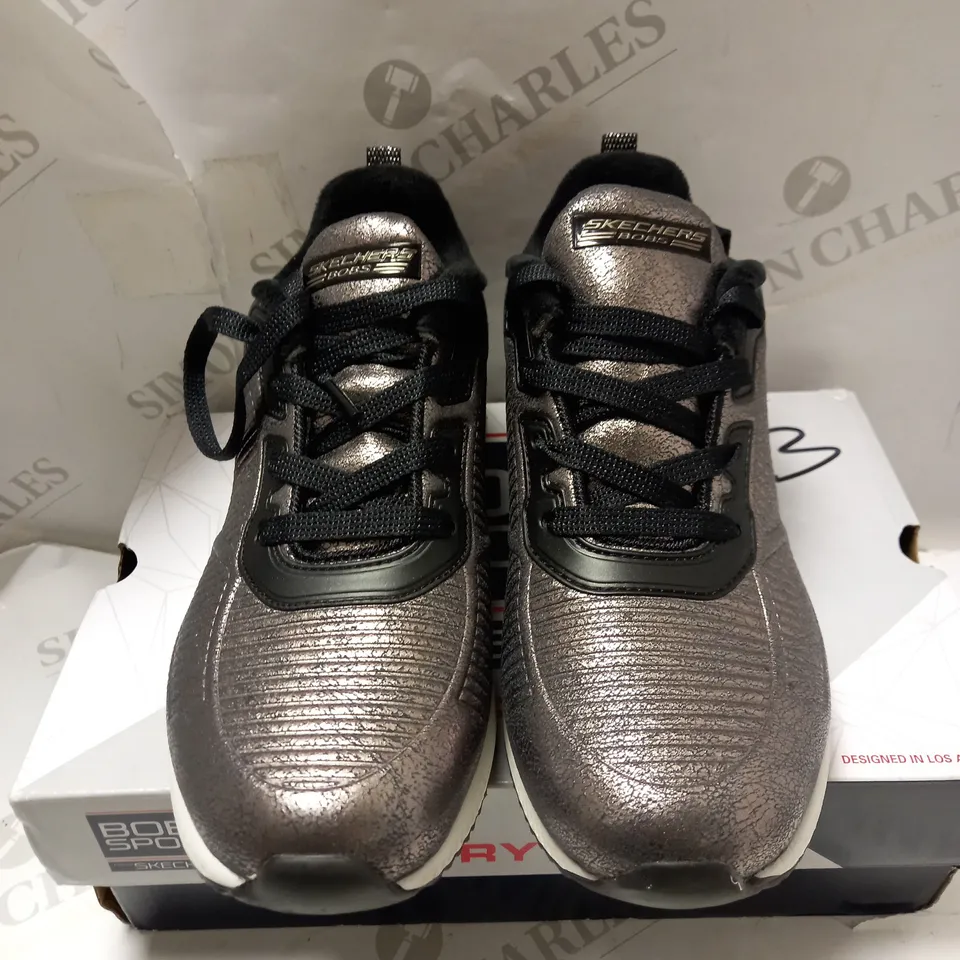 SKECHERS PEWTER EMBELLISHED LACE TRAINERS - SIZE 5.5