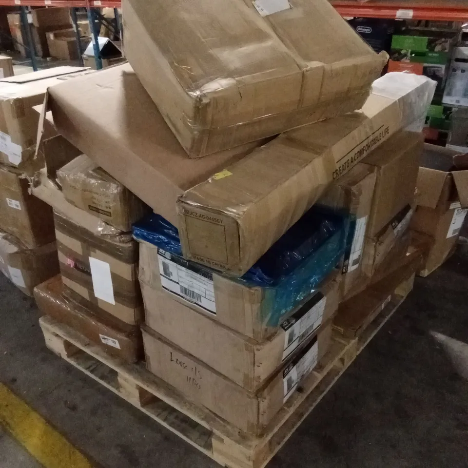PALLET OF ASSORTED HOUSEHOLD GOODS AND PRODUCTS TO INCLUDE; ELECTRONIC DOOR BELLS, FLATPACK FURNITURE, AIR FRYERS, RADIATOR COVER ETC