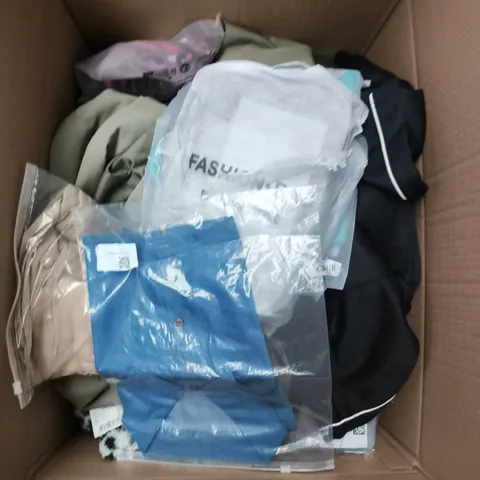 LARGE BOX OF APPROXIMATELY 25 ASSORTED CLOTHING ITEMS IN VARIOUS COLOURS, STYLES AND SIZES - COLLECTION ONLY
