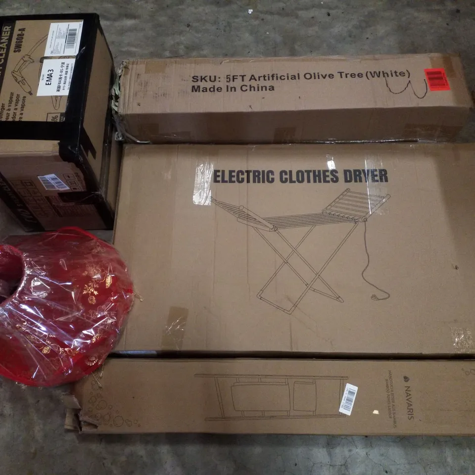 PALLET CONTAINING ASSORTED PRODUCTS INCLUDING 5FT ARTIFICIAL OLIVE TREE, ELECTRIC CLOTHES DRYER, BAMBOO TOWEL LADDER, STEAM CLEANER & LAMP SHADE