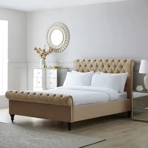 BOXED 4'6 CLASSIC CHESTERFIELD VELVET  TAUPE BEDSTEAD - COMPLETE 3 BOXES 