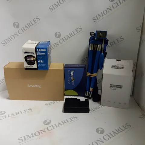 BOXED LOT TO CONTAIN APPROX. 6 X ASSORTED CAMERA ACCESSORIES. INCLUDES CAMERA LENSE, TRIPODS AND OTHER CAMERA STANDS, BATTERY ETC