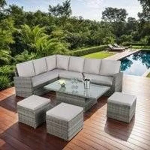 BOXED HOME GARDEN DIRECT OR048 CORNER SOFA SET - GREY RATTAN GREY CUSHION (3 BOXES)