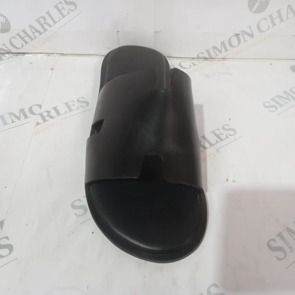 BOXED PAIR OF DESIGNER OPEN TOE FLAT SLIDERS IN BLACK SIZE UNSPECIFIED